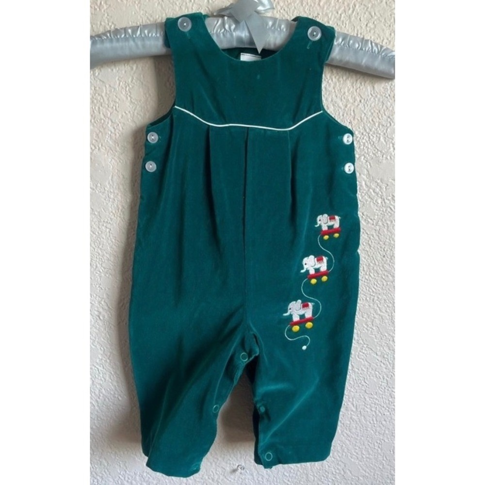 Baby 6-9M Green Corduroy Romper Elephant‎ Toy Embroidered Vintage EUC